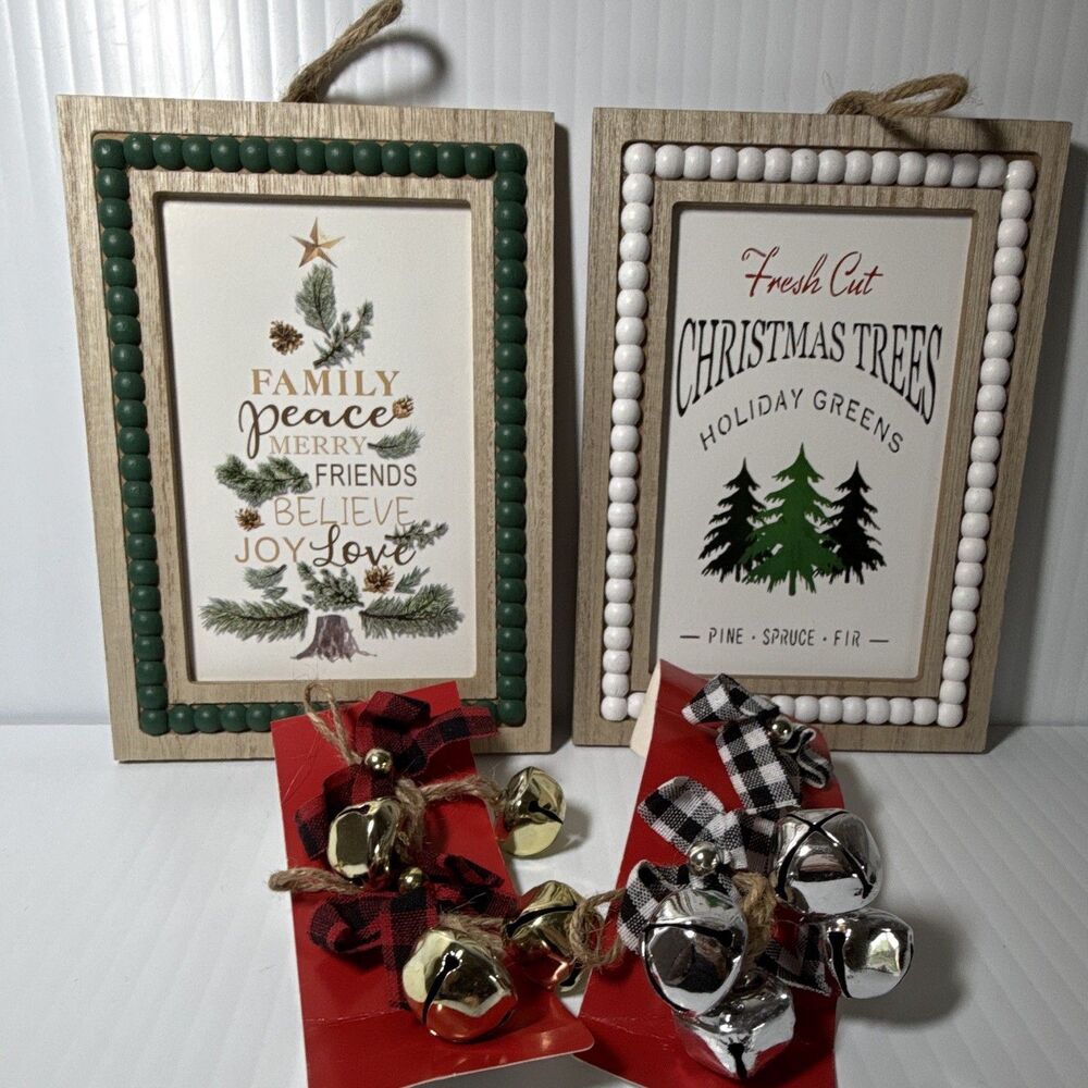 Old East Main Co Christmas Wall Hanging Signs Plaques + Jingle Bell Picks 10x6